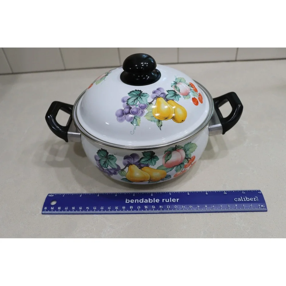 Vintage Enamelware Stock Pot with Lid Fruit Orchard Pattern White 2 Quart